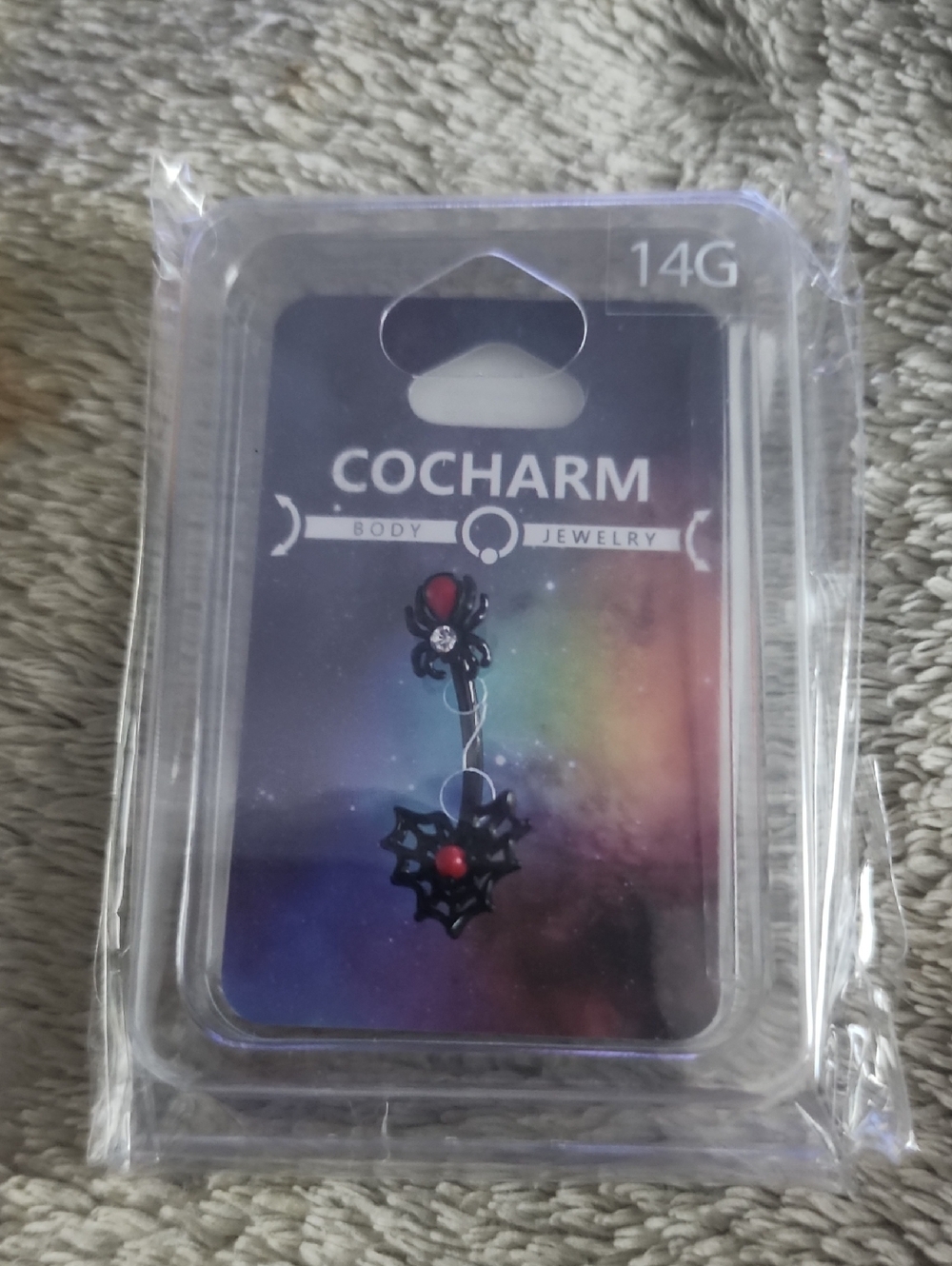 CoCharm 14G Black Spider Web Belly Ring with Red Accents